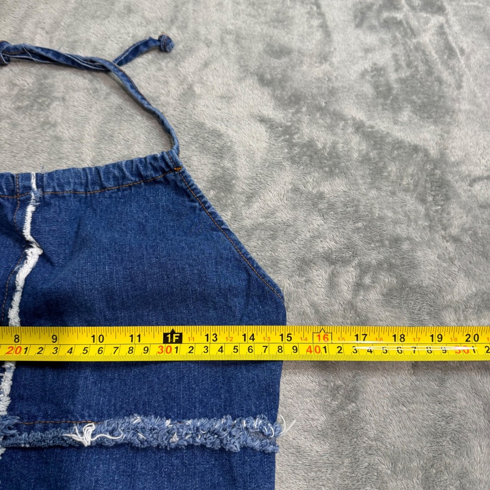 VTG 90s Hot Kiss Denim Halter Mini Dress Blue Ombre Raw Edge Y2K Size 7 - Picture 7 of 9